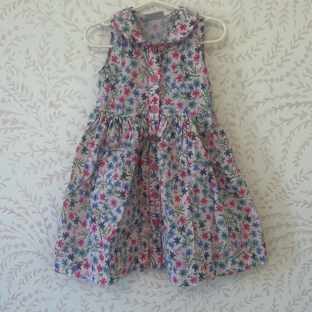 Rachel Riley Floral Button-Front Dress in White, Pink, Blue, Green